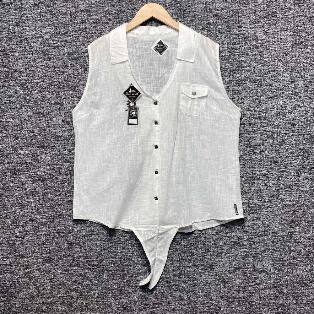 Blanc Du Nil Blouse Womens XL White Slub Cotton Sleeveless Tie Front Top NWT